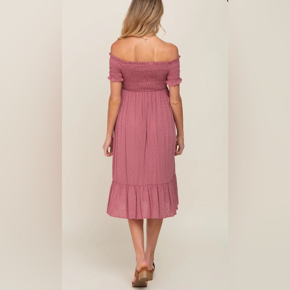 Mauve Off Shoulder Smocked Maternity Midi Dress - Picture 3 of 4